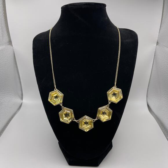 Gold and Yellow Gem Stone Statement Necklace Chainlink Clasp Closure Fashion - Picture 1 of 6